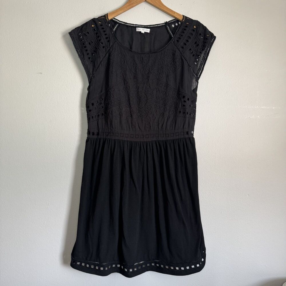 Whimsigoth Black Midi Dress Womens Large Boho Eyelet Embroidered Grunge Beach
